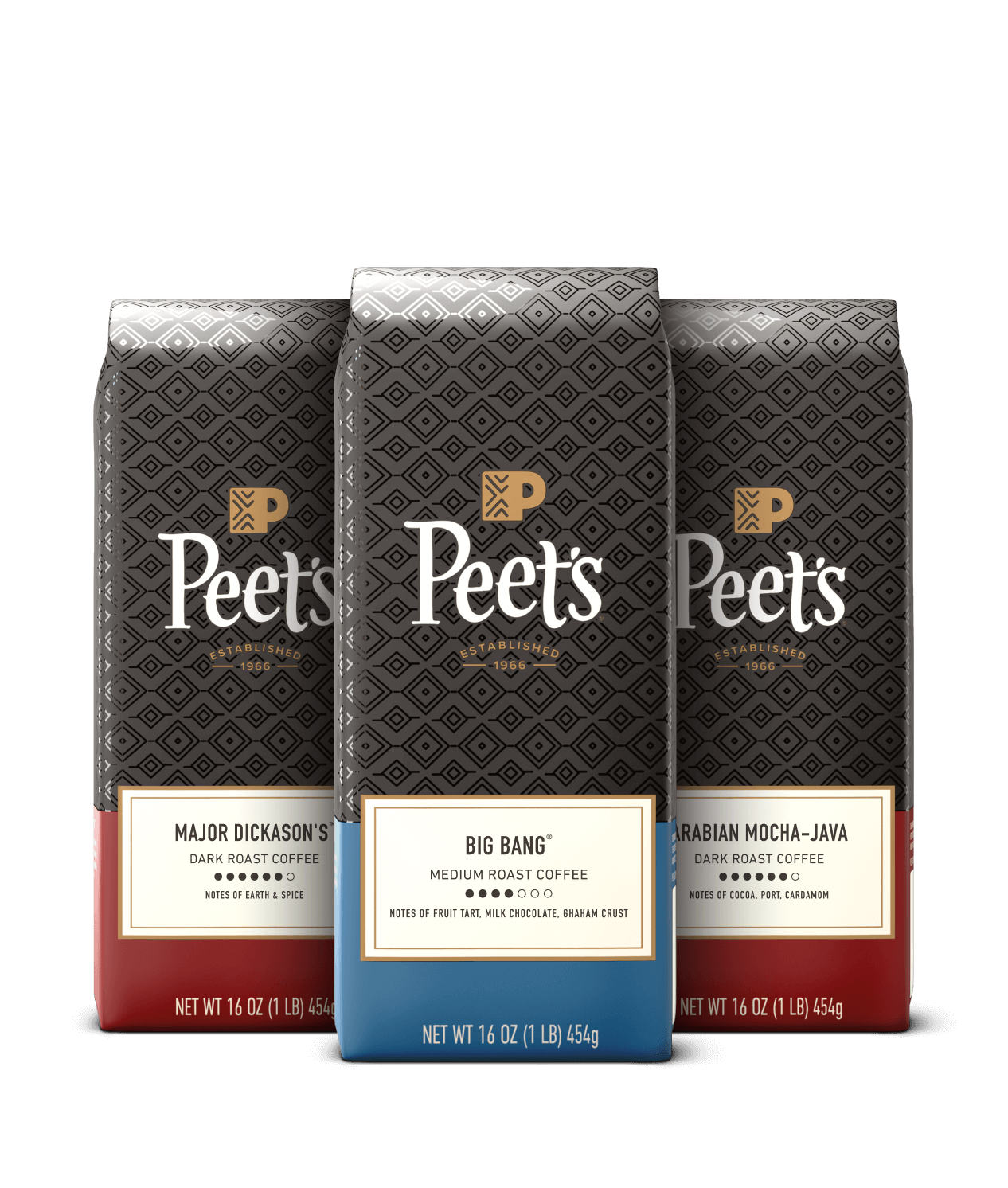 Three Peet's coffee bags with different flavors on a black background